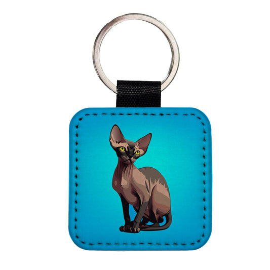 Sphynx Cat Sitting Square Faux Leather Keychain