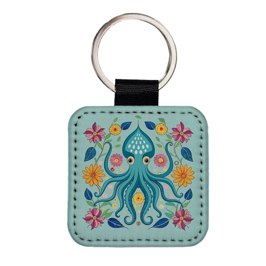 Squid Floral Flowers Square Faux Leather Keychain