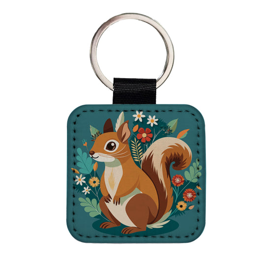 Squirrel Floral Flowers Square Faux Leather Keychain