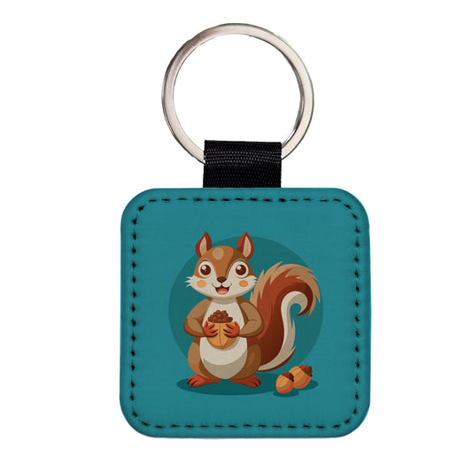 Squirrel with Nuts Smiling Square Faux Leather Keychain