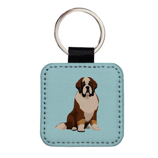 St Bernard Dog Sitting Square Faux Leather Keychain