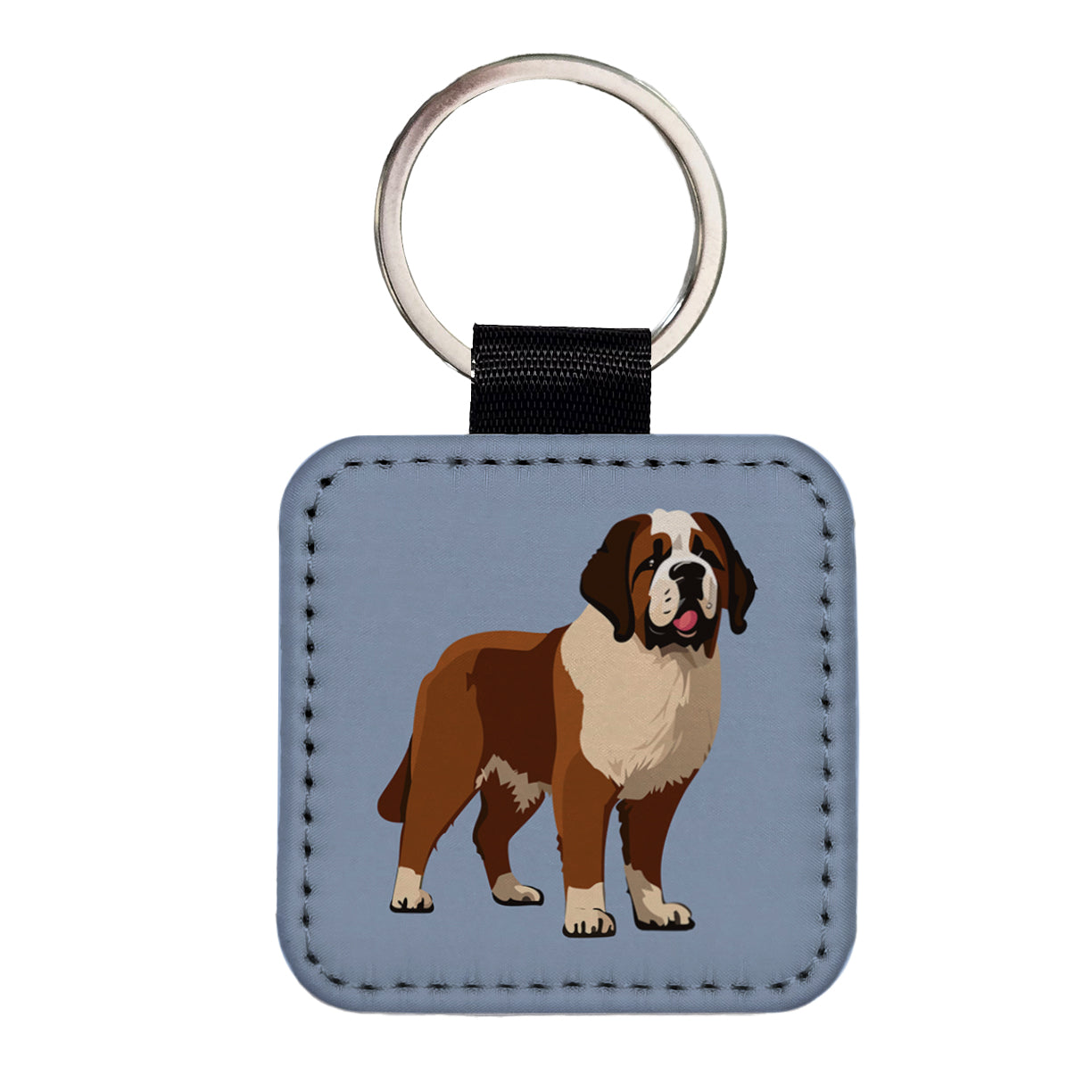 St Bernard Dog Standing Square Faux Leather Keychain
