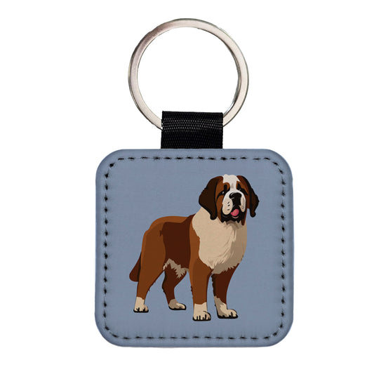 St Bernard Dog Standing Square Faux Leather Keychain
