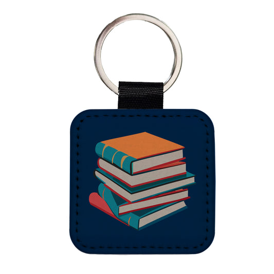 Stack of Books Reading Square Faux Leather Keychain