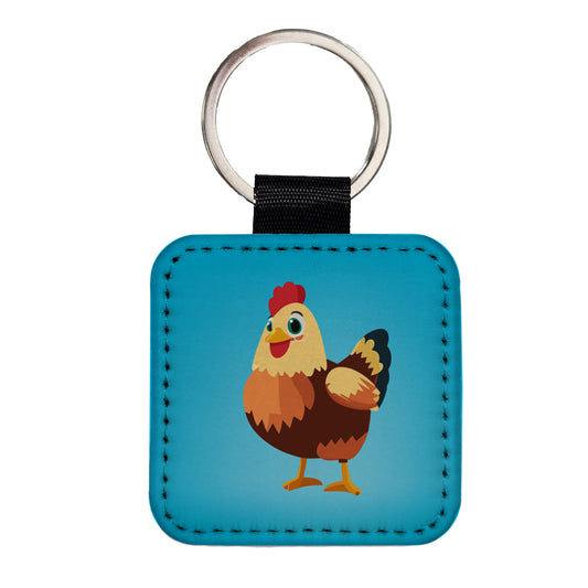 Standing Rooster Happy Square Faux Leather Keychain