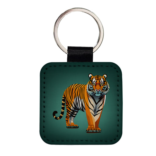 Standing Tiger Square Faux Leather Keychain