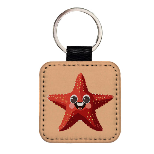 Starfish Star Fish Ocean Animal Funny Square Faux Leather Keychain