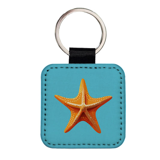 Starfish Star Fish Ocean Animal Orange Square Faux Leather Keychain