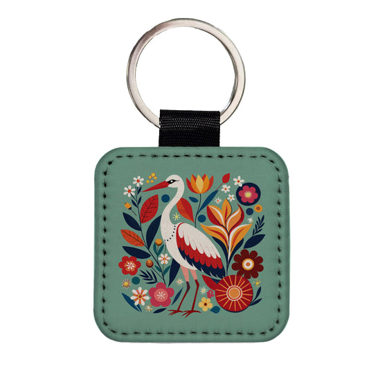 Stork Bird Floral Flowers Square Faux Leather Keychain