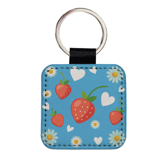 Strawberries Daisies Strawberry Daisy Hearts Square Faux Leather Keychain