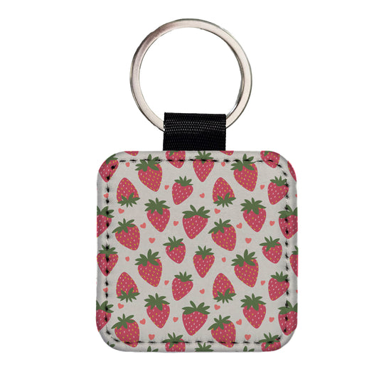 Strawberries Strawberry Hearts Pattern Square Faux Leather Keychain