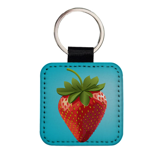 Strawberry Fruit Square Faux Leather Keychain