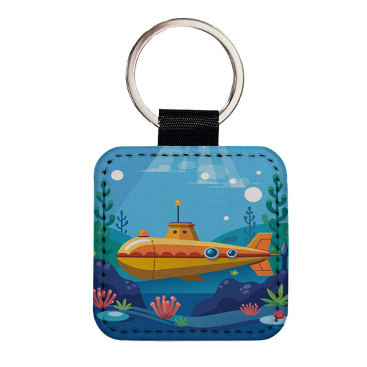 Submarine Under Water Square Faux Leather Keychain
