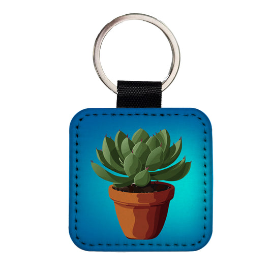 Succulent Plant in Pot Square Faux Leather Keychain
