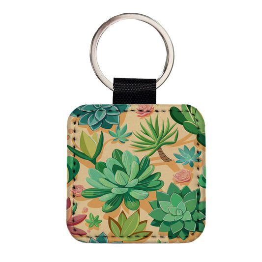 Succulents Scattered Pattern Square Faux Leather Keychain