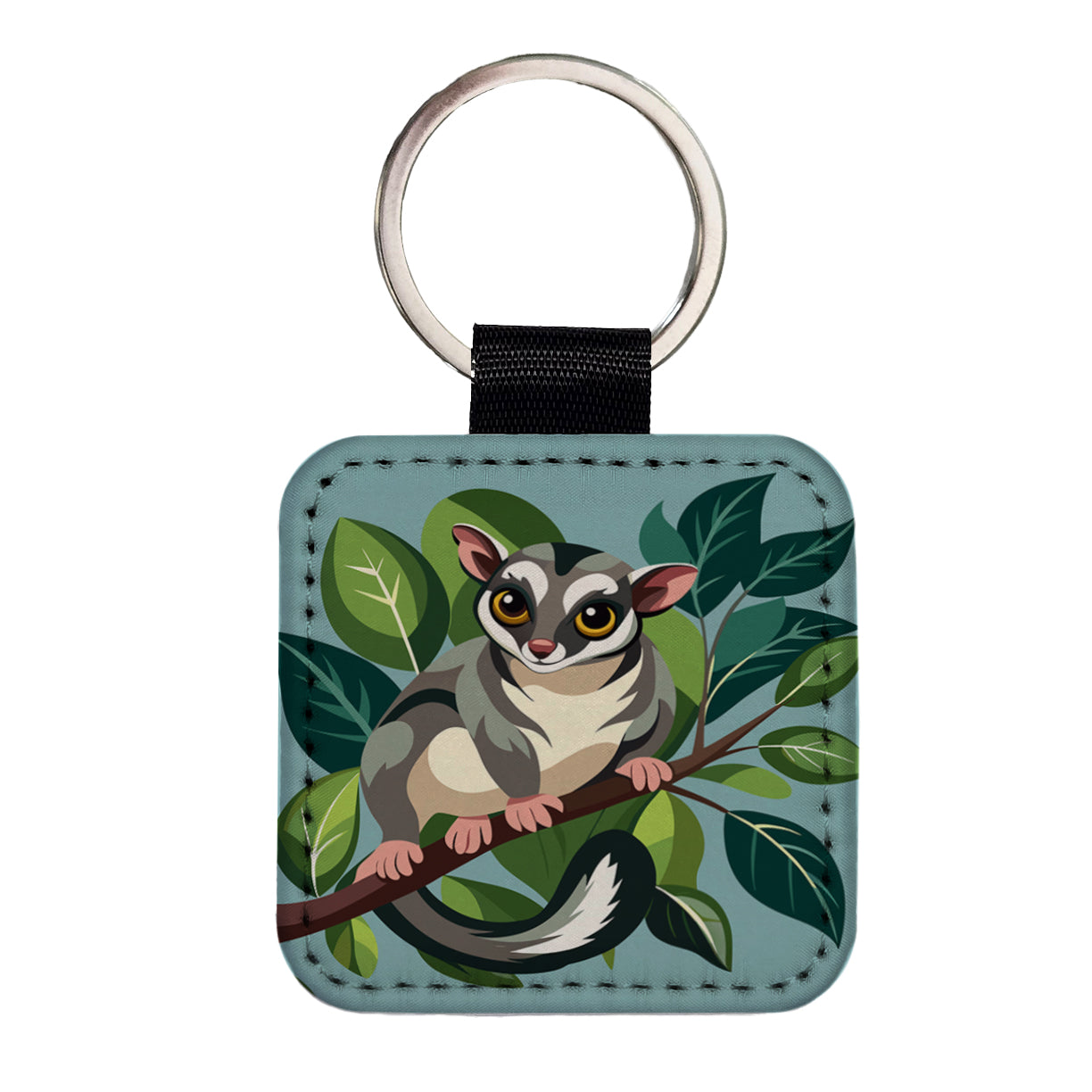 Sugar Glider on Tree Branch Square Faux Leather Keychain