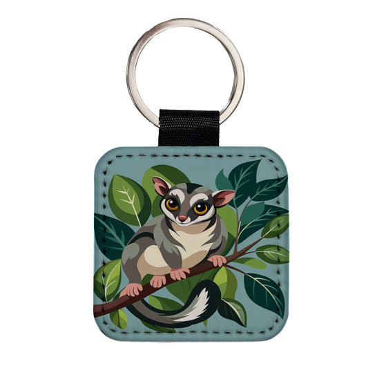 Sugar Glider on Tree Branch Square Faux Leather Keychain