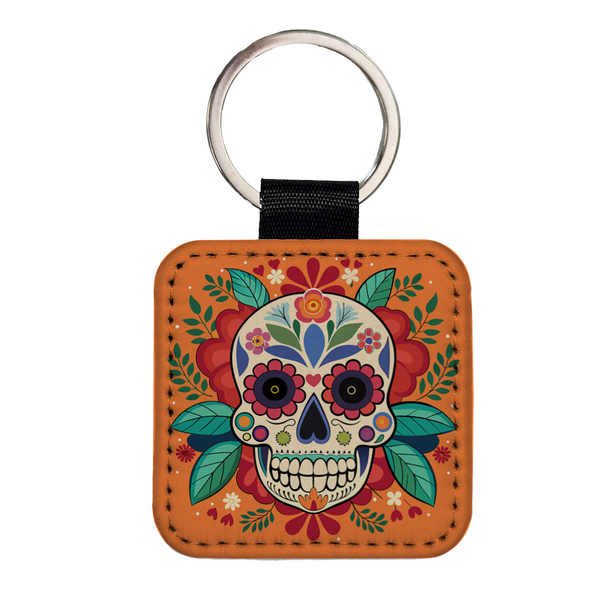 Sugar Skull with Floral Background Square Faux Leather Keychain
