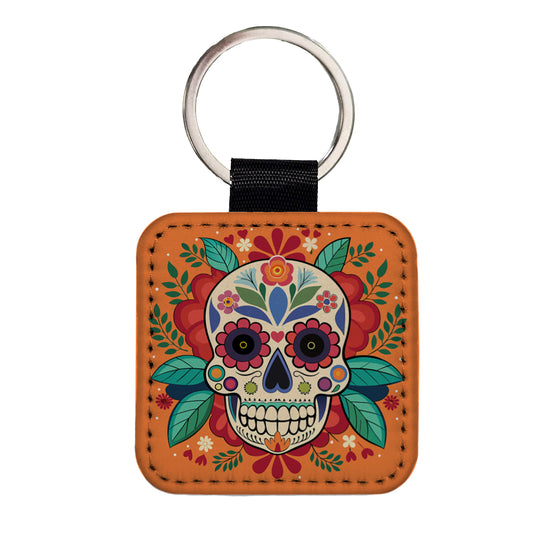 Sugar Skull with Floral Background Square Faux Leather Keychain