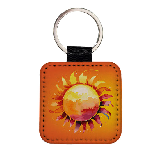 Sun Watercolor Artistic Square Faux Leather Keychain