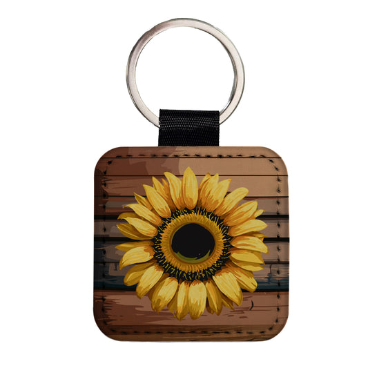 Sunflower Flower Vintage Barnwood Square Faux Leather Keychain