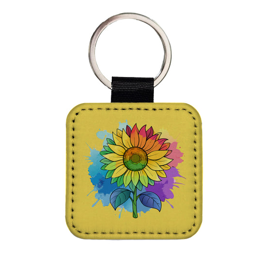 Sunflower Rainbow Watercolor Square Faux Leather Keychain