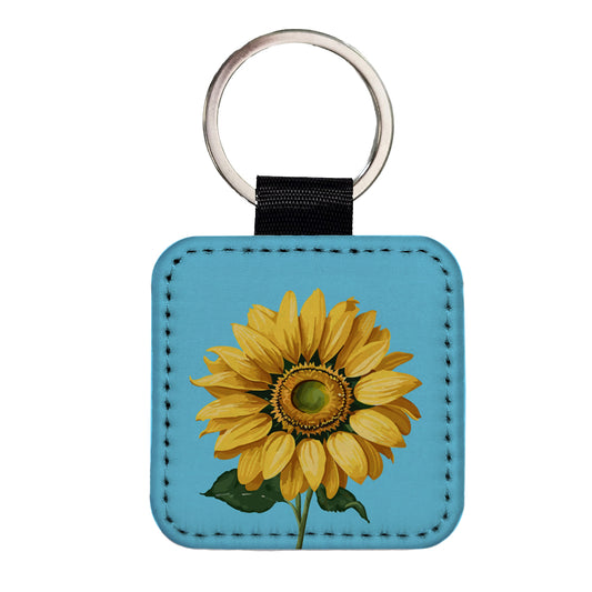 Sunflower Summer Flower with Stem Square Faux Leather Keychain