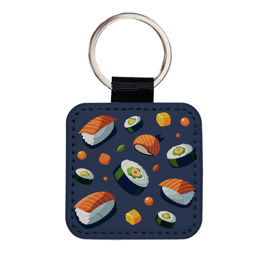 Sushi Food Scattered Square Faux Leather Keychain