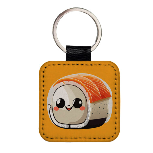 Sushi Roll Cute Chibi Kawaii Funny Food Square Faux Leather Keychain