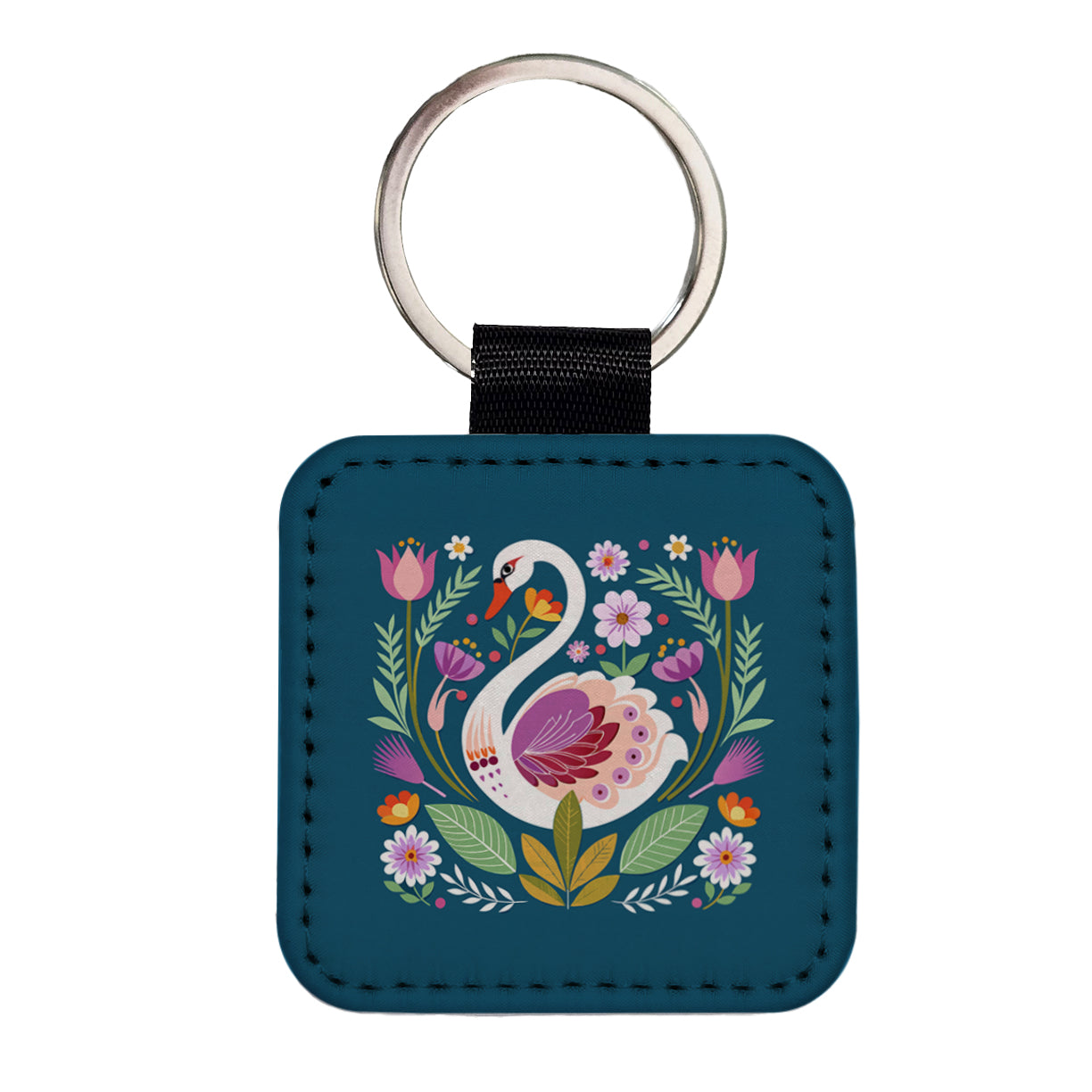 Swan Bird Floral Flowers Square Faux Leather Keychain