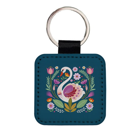 Swan Bird Floral Flowers Square Faux Leather Keychain