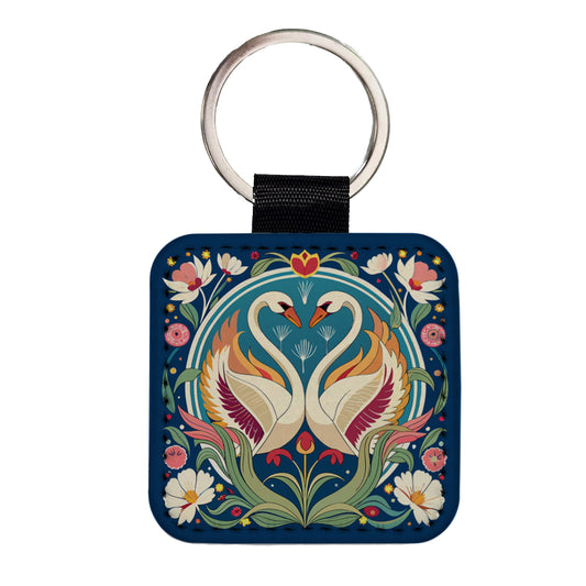 Swans Floral Art Nouveau Flowers Elegant Square Faux Leather Keychain