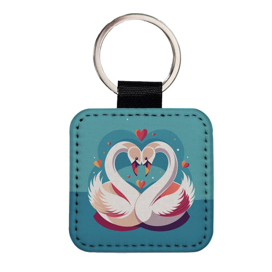 Swans in Love Anniversary Wedding Valentines Day Square Faux Leather Keychain