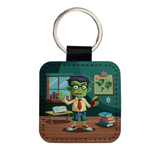 Teacher Zombie Man Male Funny Square Faux Leather Keychain