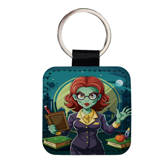 Teacher Zombie Woman Female Funny Square Faux Leather Keychain