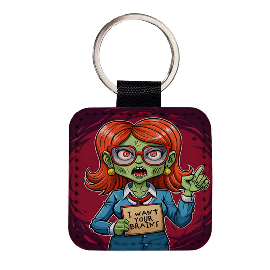 Teacher Zombie Woman I Want Your Brains Square Faux Leather Keychain