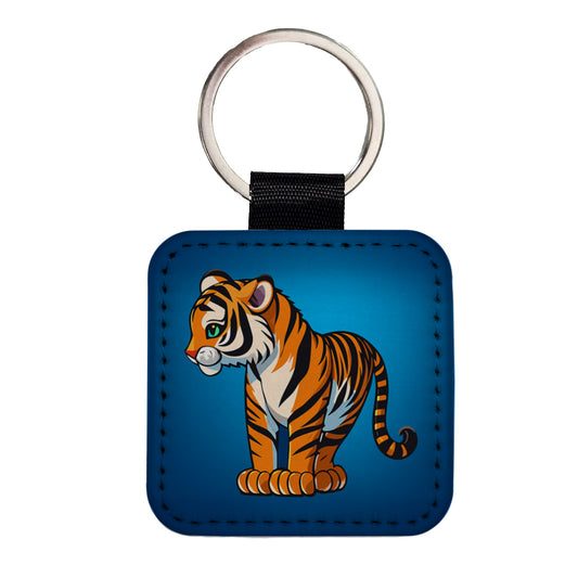 Tiger Cute Standing Square Faux Leather Keychain