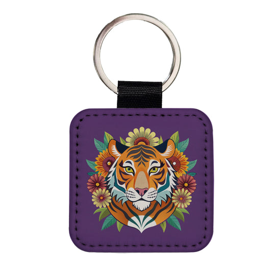 Tiger Head Floral Flowers Square Faux Leather Keychain