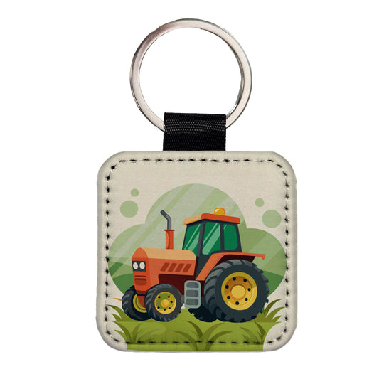 Tractor Cartoon Square Faux Leather Keychain