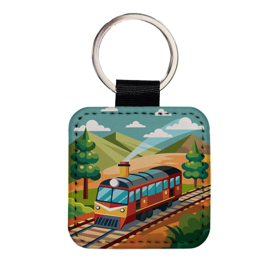 Train on Track Square Faux Leather Keychain