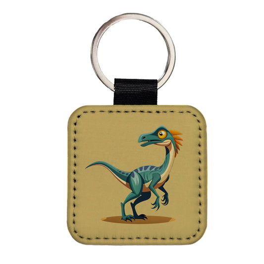Troodon Dinosaur Square Faux Leather Keychain