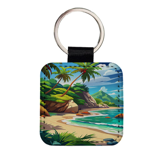 Tropical Beach Beautiful Vacation Travel Square Faux Leather Keychain