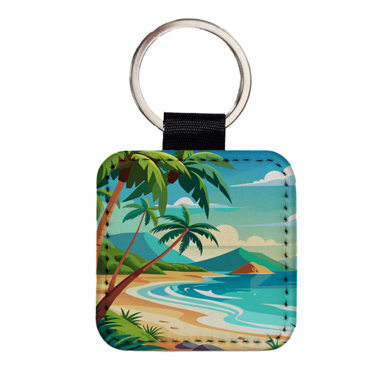 Tropical Beach Ocean Vacation Travel Square Faux Leather Keychain