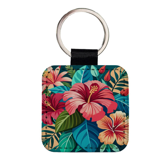 Tropical Flowers Hibiscus Square Faux Leather Keychain