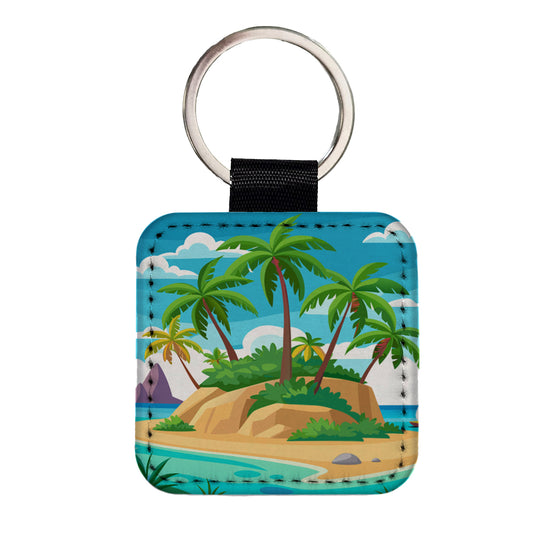 Tropical Island Beach Palm Trees Vacation Travel Square Faux Leather Keychain