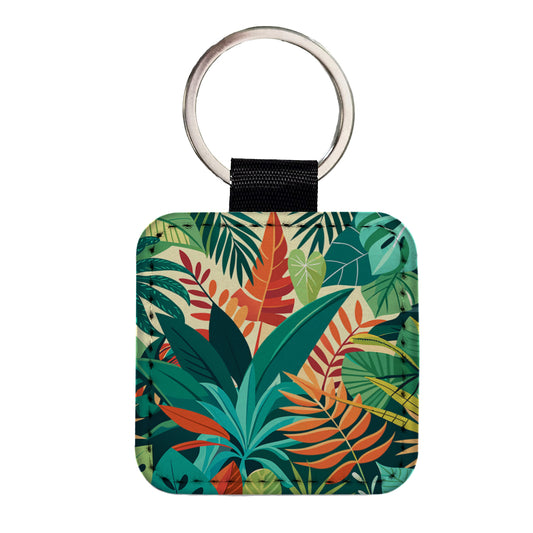 Tropical Leaves Foliage Square Faux Leather Keychain