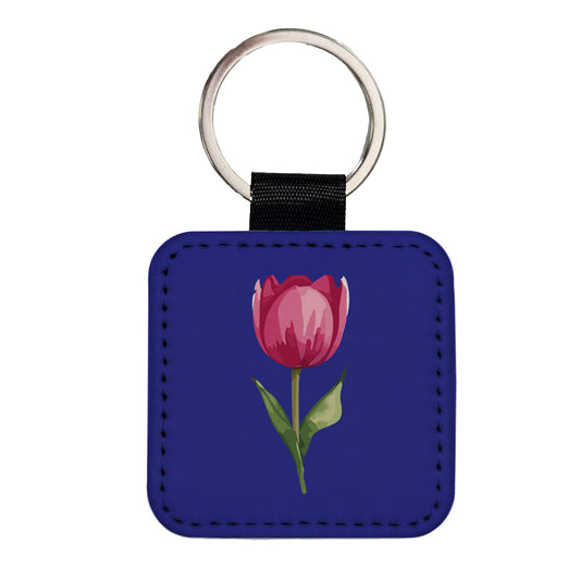 Tulip Flower Pink Watercolor Square Faux Leather Keychain