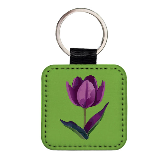 Tulip Flower Purple Watercolor Square Faux Leather Keychain