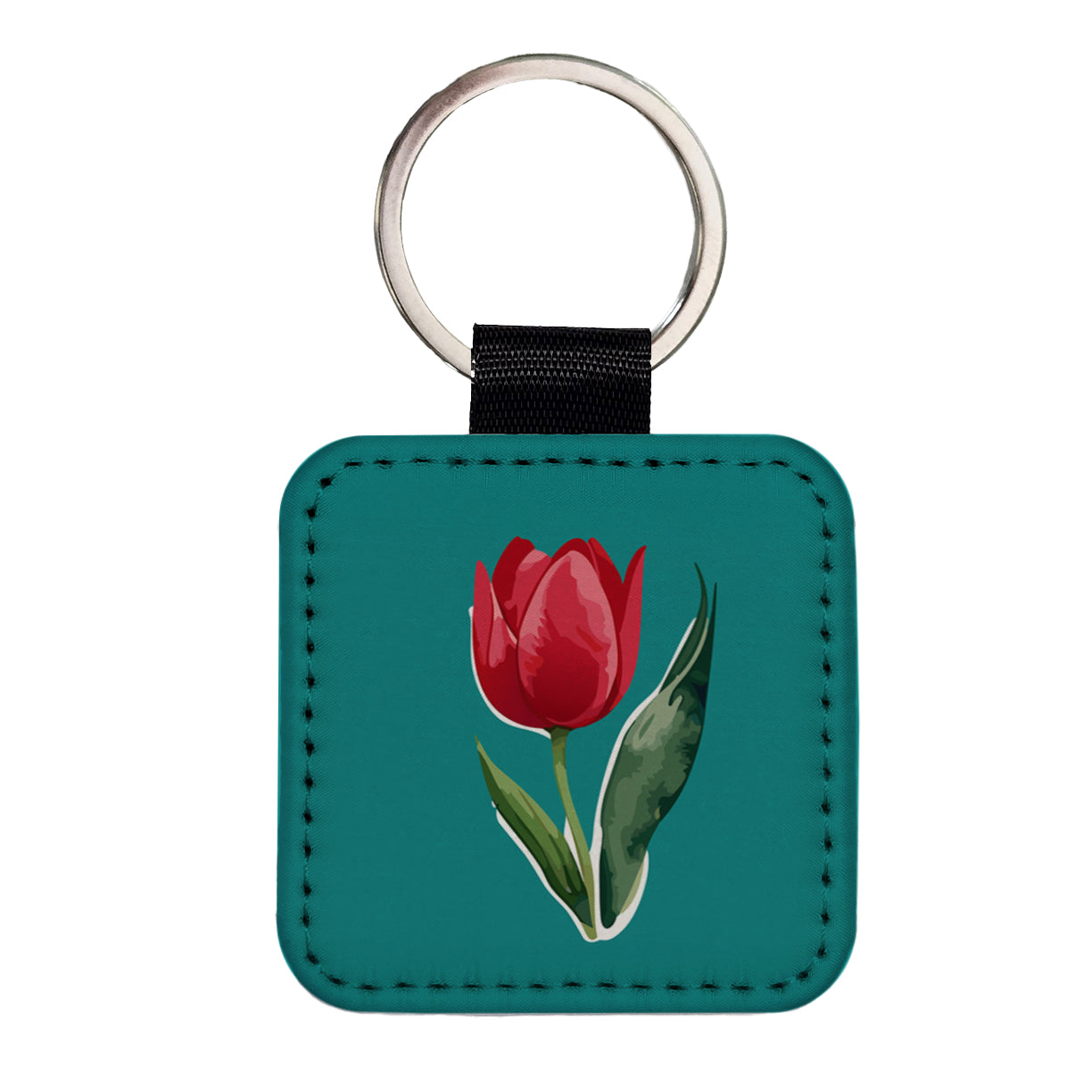 Tulip Flower Red Watercolor Square Faux Leather Keychain