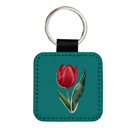 Tulip Flower Red Watercolor Square Faux Leather Keychain